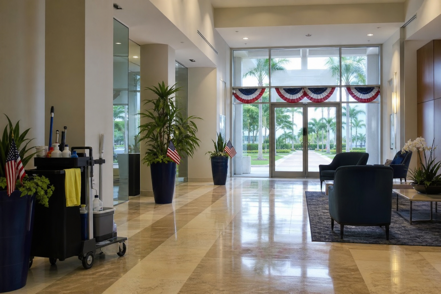 Clean Florida commercial lobby decorated for America’s 250th birthday with a day porter cleaning cart nearby