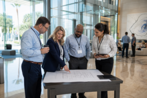 Facility managers reviewing a building plan in a clean commercial lobby